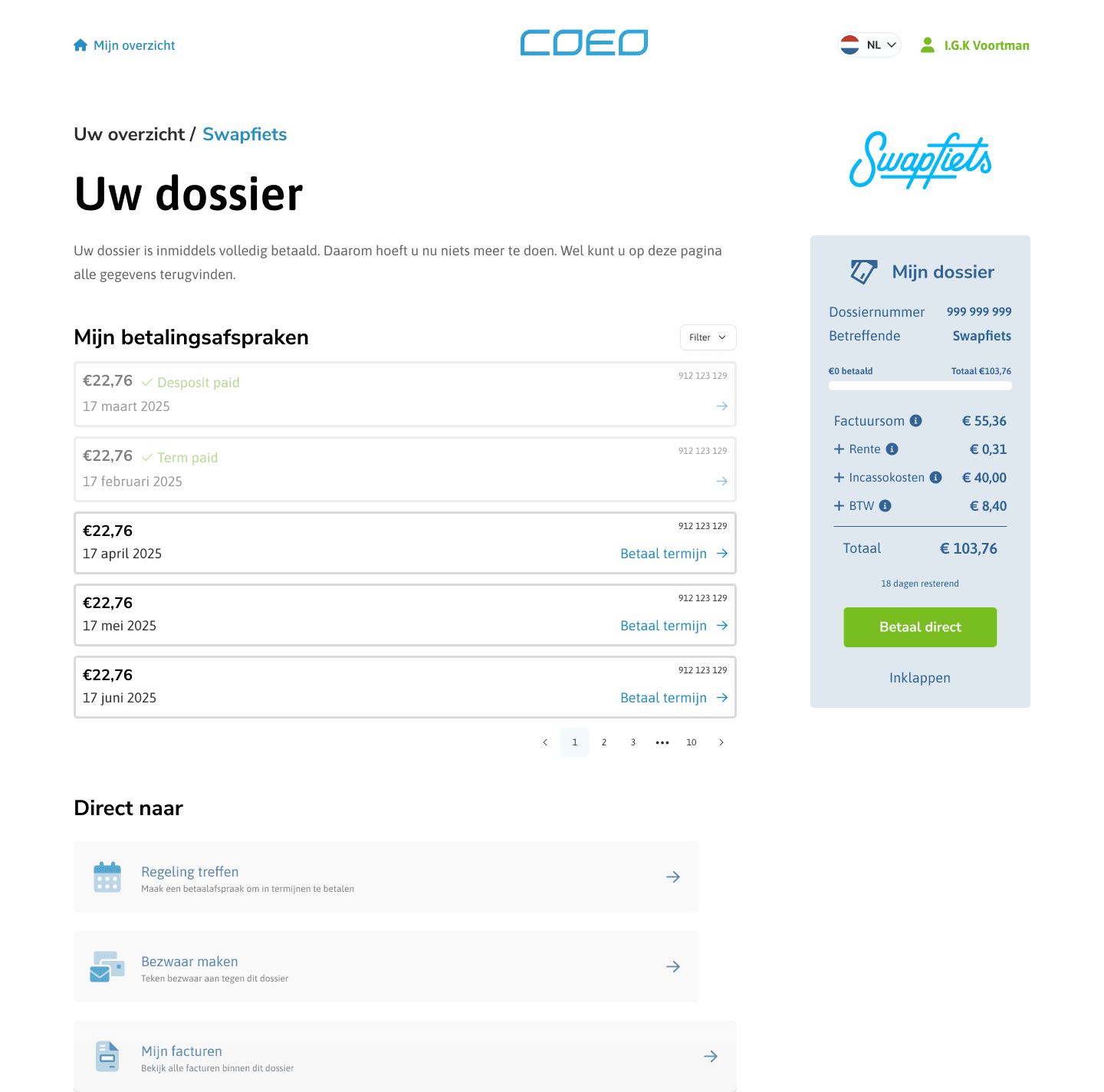Detailed file view showing payment history and upcoming payments